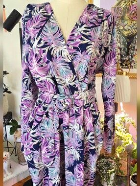 Tropical Leaf Surplice Belted Jumpsuit Purple Navy Resort Boho